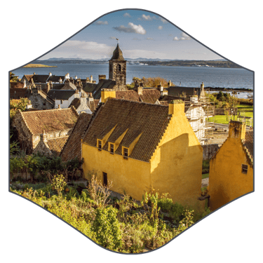 Rear of Culross Palace with gardens overlooking the firth of forth river