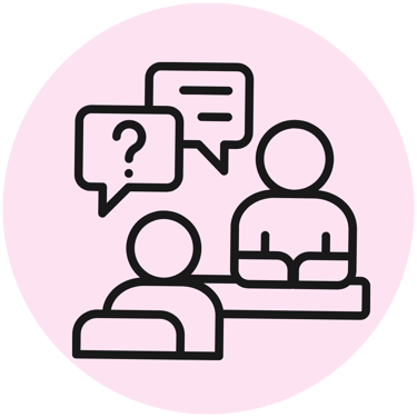 Group discussion icon representing workshops, questions and speaking sessions.