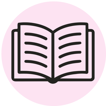 Open book icon representing practical books and online courses.
