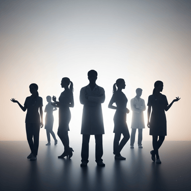 a group of people standing in front of a light