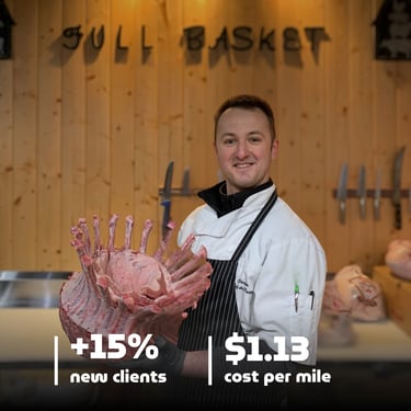 Victor Full Basket Butcher holding a large meat roaster