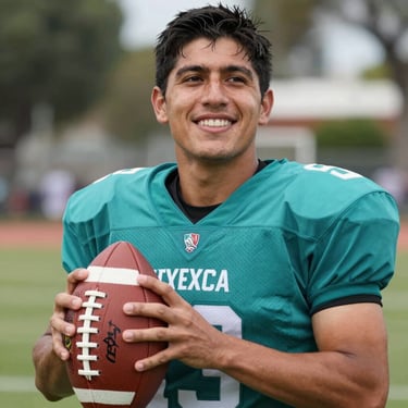 Close-up portrait of a smiling player in a teal jersey, holding a football, North American / Mexican athlete in a community park setting in Guanajuato.