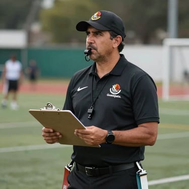 Portrait of a dedicated coach with a clipboard and whistle, North American / Mexican, standing on a flag football field in Guanajuato.