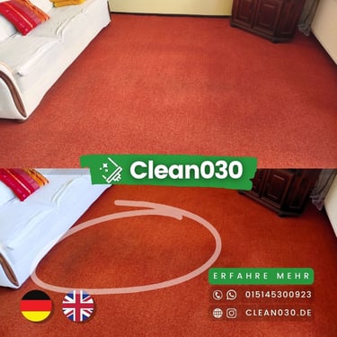 Clean030 Teppichreinigung für Privathaushalte in Berlin – gründliche Tiefenreinigung für ein sauberes Zuhause.