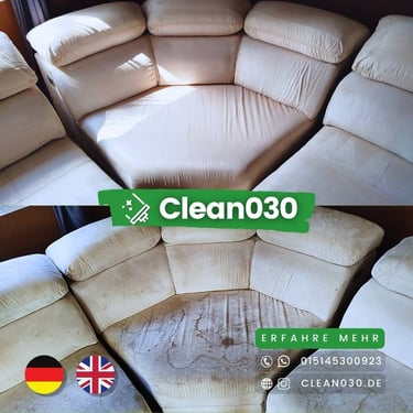 Vorher-Nachher: Erfolgreiche Fleckenentfernung durch Clean030 Polsterreinigung Berlin auf einem hellen Stoffsofa.