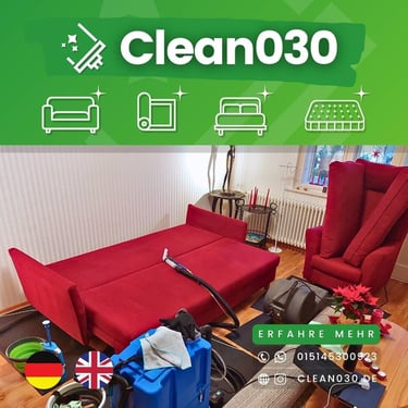 Professionelle Polsterreinigungsmaschine von Clean030 im Einsatz für eine gründliche Tiefenreinigung in Berlin.
