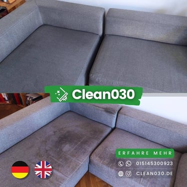 Vorher-Nachher: Clean030 professionelle Polsterreinigung in Berlin. Tiefenreinigung von Sofas und Polstermöbeln.