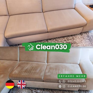 Sofareinigung Berlin: Vorher-Nachher-Vergleich einer Fleckentfernung auf hellem Polstergewebe. Gründliche Sauberkeit.