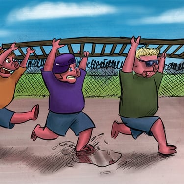 Episode 5 - Les trois petits cochons portent une échelle à bout de bras dans la cour d'une prison