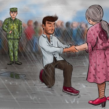 Episode 6 - Stephano semble faire une demande en mariage à Mère-grand, devant une foule et un colonel à l'air sévère