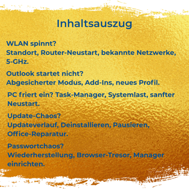Inhaltsauszug WLAN spinnt? Standort, Router‑Neustart, bekannte Netzwerke, 5‑GHz. Outlook startet nic
