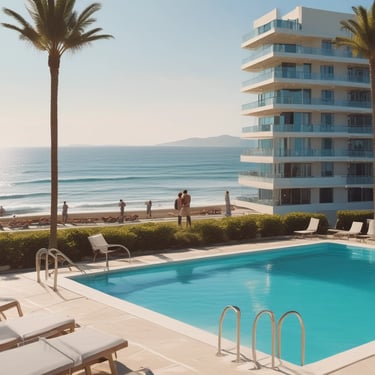 A street scene with luxury cars parked along the curb. The building features classic architecture with ornate balconies and a row of potted plants. Flags are hanging above the entrance, and the colors of the building are warm and inviting.