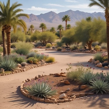 A desert landscape showcasing a large agave plant surrounded by rocks and dry grasses. The scene includes a mix of greenery with spiky leaves, contrasting with the muted tones of the surrounding terrain.