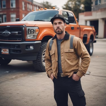 Several large construction lifts are parked in an outdoor lot, each with long extendable arms. Bright red barricades are placed in front of the machinery. The sky above is a clear, vivid blue with some wispy clouds.