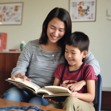 A smiling teacher engaging with a group of children in a bright classroom setting.
