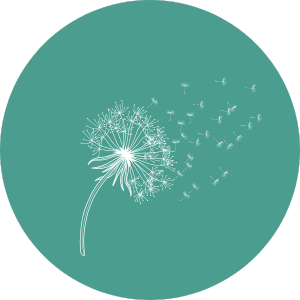 White dandelion icon with seeds blowing on a teal circle, representing care, support and a space to relax with Cradira.