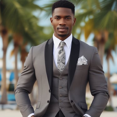 Smiling woman wearing a bright Antigua-themed shirt standing by a tropical beach.