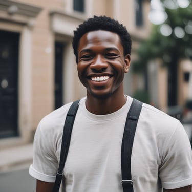 Smiling woman wearing a bright Antigua-themed shirt standing by a tropical beach.
