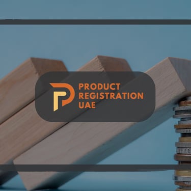 Stability testing concept with stacked coins and wooden blocks beside the Product Registration UAE logo.