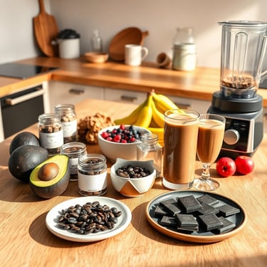 avocado, smoothies and blender on a table