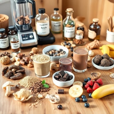 mooshrooms powder and smoothies, chocolate on a table