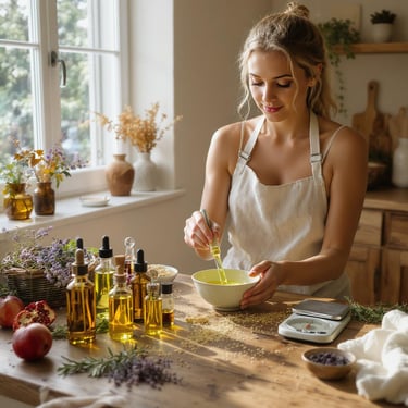 a woman in a white apron and a bowl of food and oil bottle
