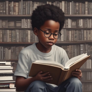 A person is working on a laptop at a wooden table. Next to them is a stack of books relating to business and success, with titles visible such as 'The Warren Buffett Way' and 'The Deals That Made The World'. The setting appears to be professional, possibly an office or study.