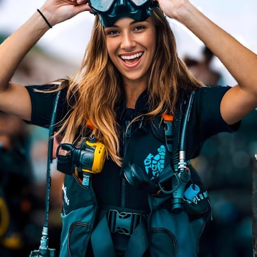Smiling woman preparing for a dive in Gili Trawangan, excited for her personalized scuba experience.