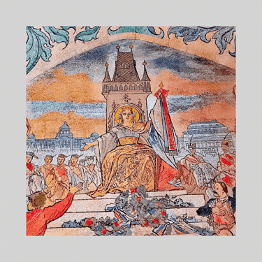 Mosaik, Königin auf Thron sitzend symbolisiert die Stadt Prag, als Logo für Frauen Stadtbummel