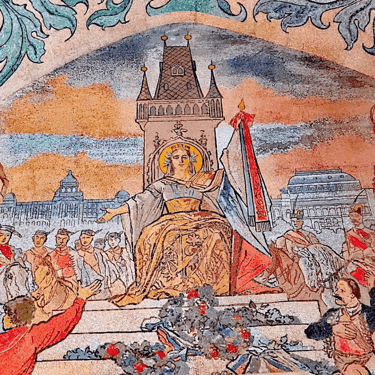 Mosaik, Königin auf Thron sitzend symbolisiert die Stadt Prag