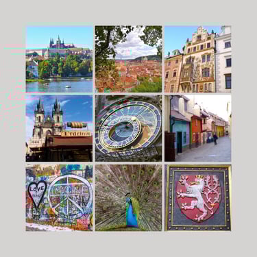 9 Fotos von Prag als Collage, symbolisch für einen individuellen Stadtrundgang von Prag mit Herz