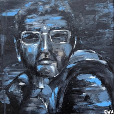 a painting of a man with glasses looking into the world