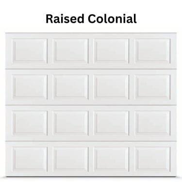 Classic white raised colonial garage door with four stacked panels and traditional recessed detailing.
