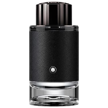 Montblanc Explorer Eau de Parfum bottle for men featuring a black textured sleeve and silver logo.