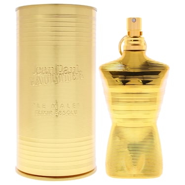 Jean Paul Gaultier Le Male Elixir perfume bottle and gold canister packaging.