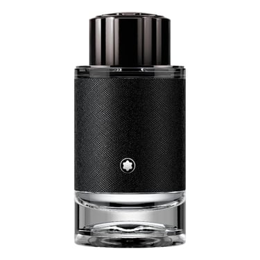 Montblanc Explorer Eau de Parfum bottle with black textured wrap and silver logo on a white background.