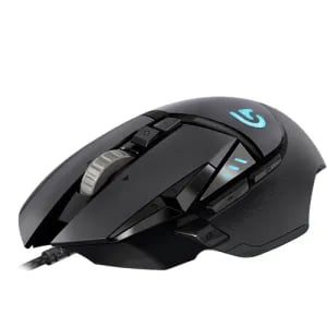 Black Logitech G502 wired gaming mouse with blue LED lighting and programmable buttons.
