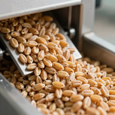 Macro detail shot of premium golden wheat grains passing through a clean steel grading sieve under bright warehouse lighting.