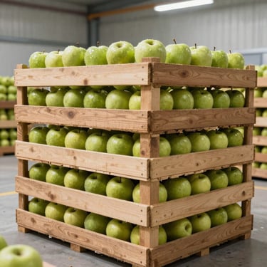 Neatly stacked wooden crates of uniform organic green apples inside a clean, modern cold-storage facility under bright daylight.