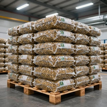 Industrial-scale clean packaging line of processed livestock feed bags stacked neatly on wooden pallets under bright warehouse lighting.