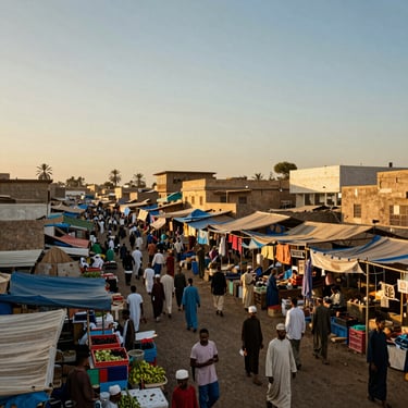 Wide environmental shot of a vibrant, bustling local market in Mogadishu during warm golden-hour sunlight, showcasing local commerce and community life.
