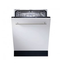 A built-in white dishwasher with a stainless steel handle is shown with the top rack slightly pulled out for loading.