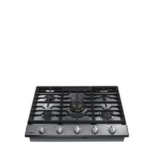 A stainless steel gas cooktop featuring five burners and control knobs at the front.