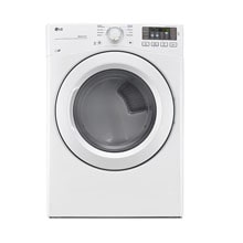 A white front-loading washing machine with a round glass door and control settings above.