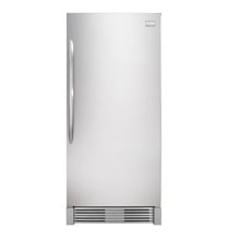 A tall, single-door stainless steel refrigerator with a handle on the left side and a ventilation grille at the bottom.