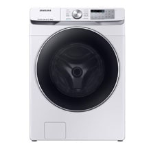 Front-loading Samsung washing machine in white with a large black door and digital control panel at the top.