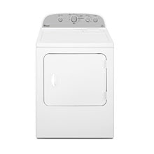 A white top-loading dryer with a silver control panel featuring various buttons and settings.