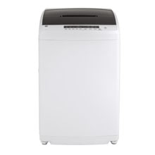 White LG top-loading washing machine with digital display and various control buttons on top.