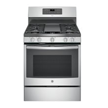 A duplicate image of a silver freestanding gas range with four stovetop burners.