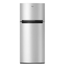 A tall, silver refrigerator with a minimalist design, featuring a top freezer and a bottom fridge compartment, shown on a pla